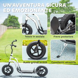 Patinete para Niños de 5-12 Años con Ruedas Grandes de 30Cm y Manillar Regulable, Scooter para Niños de Acero con Freno Trasero, Caballete, Blanco y Negro