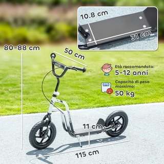 Patinete para Niños de 5-12 Años con Ruedas Grandes de 30Cm y Manillar Regulable, Scooter para Niños de Acero con Freno Trasero, Caballete, Blanco y Negro