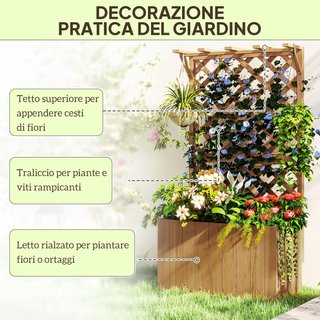 Cama Elevada para Huerto Exterior de Abeto con Enrejado, Orificios de Drenaje y Techo de Pérgola, Jardín Exterior para Plantas Trepadoras, para Flores y Verduras, 64X33X122 Cm, Color Madera