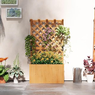 Cama Elevada para Huerto Exterior de Abeto con Enrejado, Orificios de Drenaje y Techo de Pérgola, Jardín Exterior para Plantas Trepadoras, para Flores y Verduras, 64X33X122 Cm, Color Madera