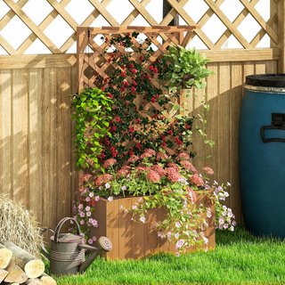 Cama Elevada para Huerto Exterior de Abeto con Enrejado, Orificios de Drenaje y Techo de Pérgola, Jardín Exterior para Plantas Trepadoras, para Flores y Verduras, 64X33X122 Cm, Color Madera