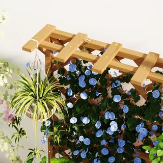 Cama Elevada para Huerto Exterior de Abeto con Enrejado, Orificios de Drenaje y Techo de Pérgola, Jardín Exterior para Plantas Trepadoras, para Flores y Verduras, 64X33X122 Cm, Color Madera