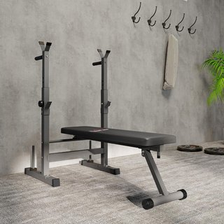 Banco de Gimnasio Plegable con Soporte para Barra Regulable en 8 Posiciones, Banco de Pesas de Acero y PU para Gimnasio en Casa, Capacidad 220 Kg, 140X73X98-122 Cm