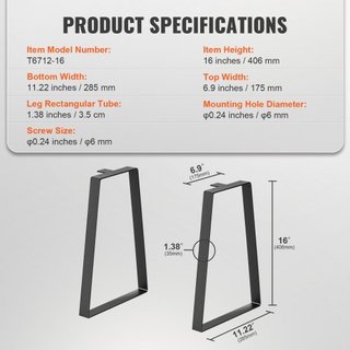 Gambe da Tavolo in Acciaio Trapezoidale da 406,4 mm, Set di 2 Gambe di Ricambio per Tavoli da Caffè DIY, Scrivanie Moderne, Panchine, Comodini, Divani, Carico Massimo 181,4 kg, Gambe di Installazione...