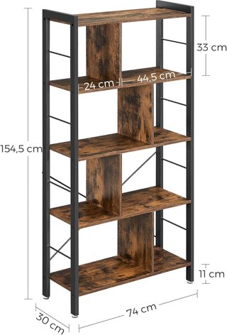 Estantería, Estante de 5 Niveles, Organizador para Oficina, Con Compartimentos Abiertos para Sala de Estar, Estilo Industrial, Marrón Vintage y Negro Tinta LBC12BX