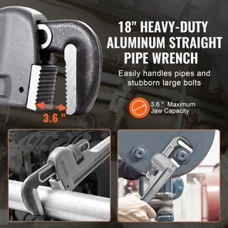 Llave de tubo, llave de tubo recta de aluminio de 18", llave de plomería ajustable, con mandíbula de alta resistencia y mango ergonómico, fácil de transportar, diseño colgante, para tuberías de ag...