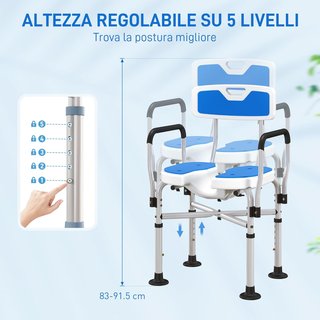 Silla de Ducha con Respaldo, Apoyabrazos, Asiento Ranurado y Barras de Refuerzo, Taburete de Ducha con Altura Ajustable, Orificios para Agua y Patas Antideslizantes para Ancianos y Discapacitados,...