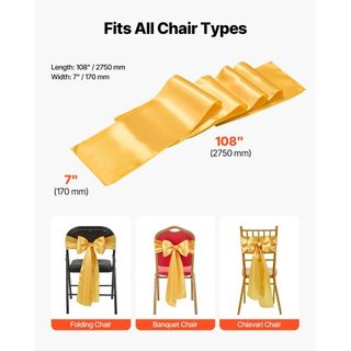 Fajas de Silla de Satén, 50PCS Lazos de Cinta para Sillas, 7 x 108 pulgadas, Decoración de Boda en Oro, para Ceremonia de Boda, Fiesta de Bebé, Eventos de Fiesta, Decoración de Funda de Silla