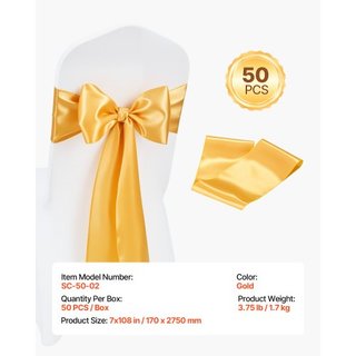 Fajas de Silla de Satén, 50PCS Lazos de Cinta para Sillas, 7 x 108 pulgadas, Decoración de Boda en Oro, para Ceremonia de Boda, Fiesta de Bebé, Eventos de Fiesta, Decoración de Funda de Silla