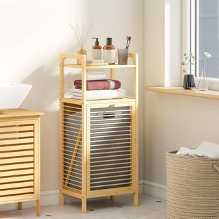 Mobile da bagno con scomparti e cesto per biancheria estraibile da 37L e armadio, in bambù e poliestere, 40X30X95 cm, grigio e legno
