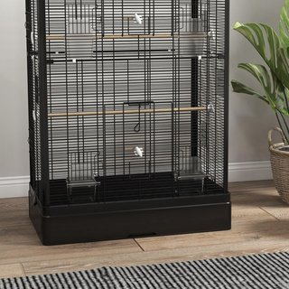 Jaula para Aves con Perchas de Madera, Voladera para Canarios y Loros de Acero con 2 Asas, Bandeja Extraíble y Comederos, 61X36.5X98 Cm, Negro