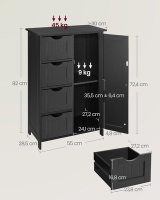 Mobile da Bagno, Mobile per Bagno Stretto, Organizzatore, Cassettiera, Con 4 Cassetti, Porta, Ripiano Regolabile, 30 X 55 X 82 Cm, Nero Tinta LHC041B02
