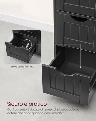 Mobile da Bagno, Mobile per Bagno Stretto, Organizzatore, Cassettiera, Con 4 Cassetti, Porta, Ripiano Regolabile, 30 X 55 X 82 Cm, Nero Tinta LHC041B02