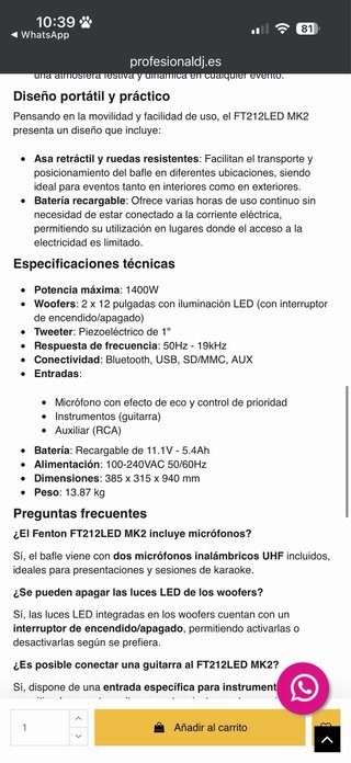 Altavoz Fenton FT212LED MK2 Doble 12 1400W