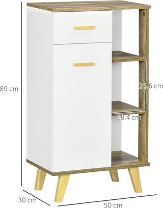 Mueble De Baño Moderno Con Armario, Cajón Y Estantes De Madera, Mueble De Baño Multiusos Ahorra Espacio Con Base Elevada, 50X30X89 Cm, Blanco