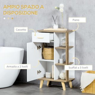 Mueble De Baño Moderno Con Armario, Cajón Y Estantes De Madera, Mueble De Baño Multiusos Ahorra Espacio Con Base Elevada, 50X30X89 Cm, Blanco
