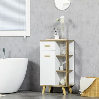 Mueble De Baño Moderno Con Armario, Cajón Y Estantes De Madera, Mueble De Baño Multiusos Ahorra Espacio Con Base Elevada, 50X30X89 Cm, Blanco