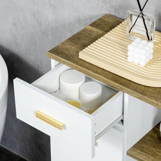Mueble De Baño Moderno Con Armario, Cajón Y Estantes De Madera, Mueble De Baño Multiusos Ahorra Espacio Con Base Elevada, 50X30X89 Cm, Blanco