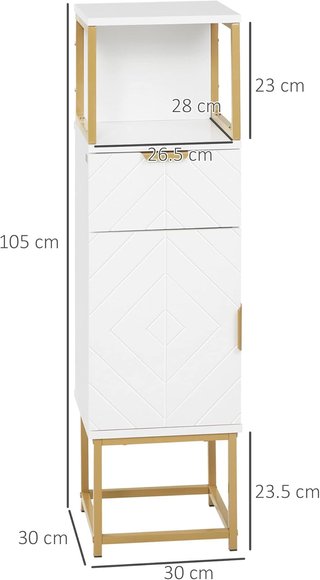 Mobile da Bagno, Colonna da Bagno con Cassetto, Armadio e Mensola in Legno e Metallo, 30X30X105Cm, Bianco