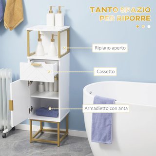Mobile da Bagno, Colonna da Bagno con Cassetto, Armadio e Mensola in Legno e Metallo, 30X30X105Cm, Bianco