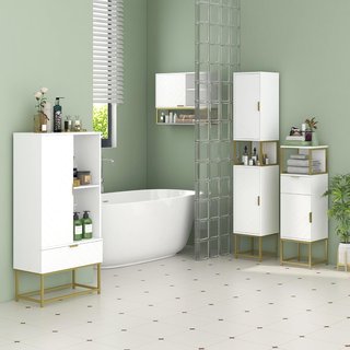 Mobile da Bagno, Colonna da Bagno con Cassetto, Armadio e Mensola in Legno e Metallo, 30X30X105Cm, Bianco