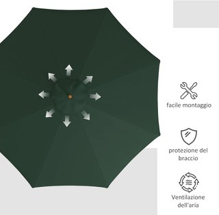 Ombrellone da Giardino Ø3,25M con Corde, Apertura Regolabile e Ventilazione, Ombrellone da Esterno con 8 Aste in Legno, Bambù e Poliestere 180G/㎡, per Patio, Terrazza e Balcone