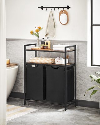 Cesto di Biancheria, Porta Biancheria con 2 Sacchetti Rimovibili, 2 Ripiani di Stoccaggio, 46L per Sacchetto, per Bagno, Lavanderia, Marrone Vintage e Nero BLH211B01