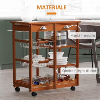 Carrello da Cucina Multifunzionale in Legno di Pino 74 x 37 x 76 cm Marrone Chiaro
