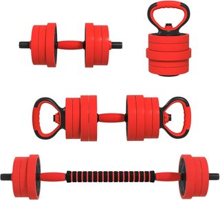 Set de Pesas de Gimnasio 4 en 1 de 20/30/40Kg Totales en Plástico y Arena, Set de Mancuernas Ajustables Utilizable como Kettlebell, 2 Mancuernas, Barra y Soporte para Flexiones