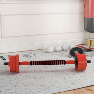 Set de Pesas de Gimnasio 4 en 1 de 20/30/40Kg Totales en Plástico y Arena, Set de Mancuernas Ajustables Utilizable como Kettlebell, 2 Mancuernas, Barra y Soporte para Flexiones