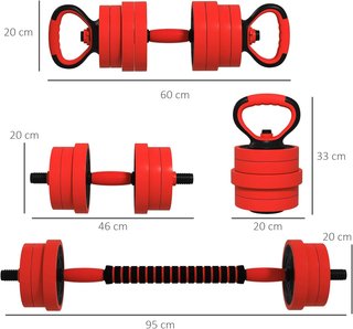 Set de Pesas de Gimnasio 4 en 1 de 20/30/40Kg Totales en Plástico y Arena, Set de Mancuernas Ajustables Utilizable como Kettlebell, 2 Mancuernas, Barra y Soporte para Flexiones