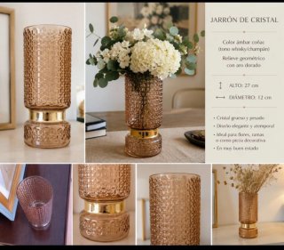 JARRÓN DE CRISTAL ÁMBAR COÑAC CON DETALLE DORADO –