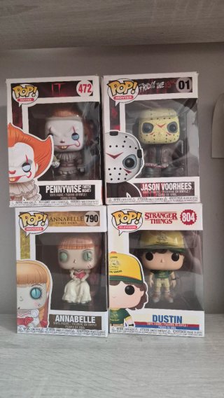 4 Funkos: Pennywise, Jason, Annabelle, Dustin