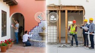 Maqueta casa con planos y herramientas