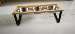 Comedero triple bambú y acero inoxidable