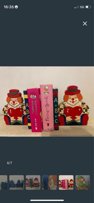 Supporti libri vintage in legno con clown