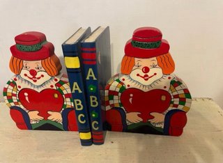 Supporti libri vintage in legno con clown