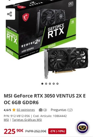 Tarjeta Gráfica MSI RTX 3050 Ventus 2X OC 6GB