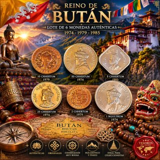 Lote 6 Monedas Auténticas Bután antiguas 1974-1985