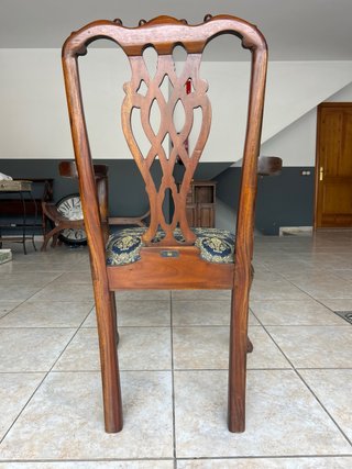 Silla colonial madera y tela azul