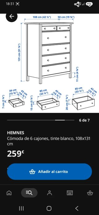Cómoda HEMNES 6 cajones IKEA blanca