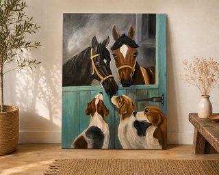 Oleo al lienzo: caballos y perros