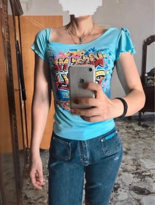 Top vintage turchese con stampa