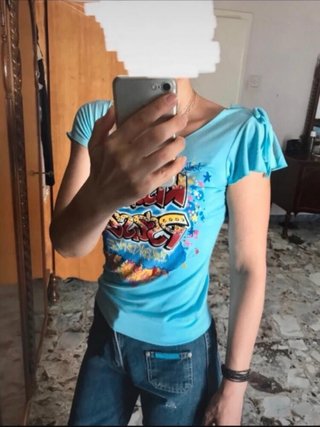 Top vintage turchese con stampa
