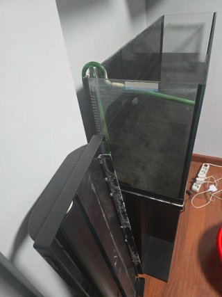 Acuario con tapa, filtro y mesa.