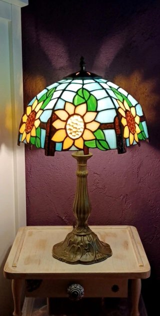 Lampada in Stile Tiffany con Vetro Turchese e Fiori