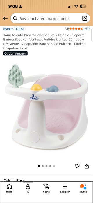 Silla de baño para bebé rosa y blanco