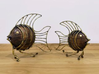 Pesci Vintage Anni '70 Francia in Legno e Metallo Retro