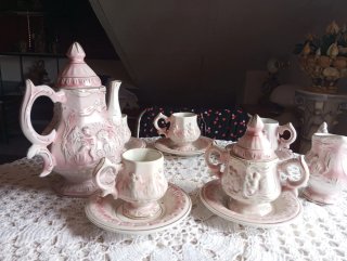 Juego de té porcelana rosa y oro