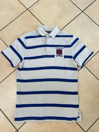 Polo a righe blu e bianche con numero 3 e logo M